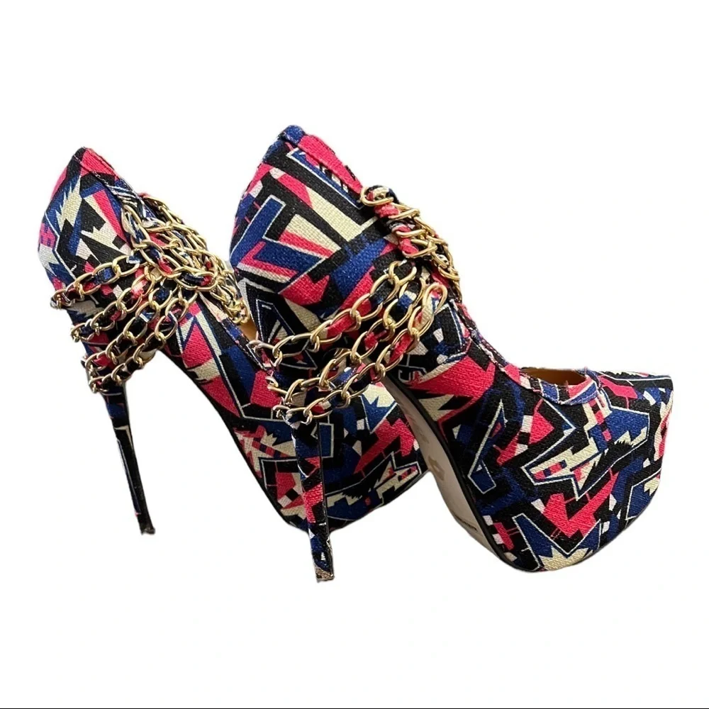 Redkiss 6” Geo Print Chunky Clog Heels Blue Hot Pink Black Women’s Size 8.5
